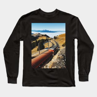 Cogwheel Train on Mount Rigi With Alpine Range in Background Long Sleeve T-Shirt